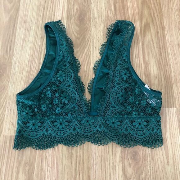 Victoria's Secret Lace Bralette Size SM Green Emerald Plunge Bust Scallop Hem - Picture 5 of 8